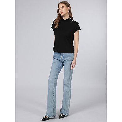 Women's Mock Neck Top Cap Sleeve Button Decor Casual Solid Pullover Blouse