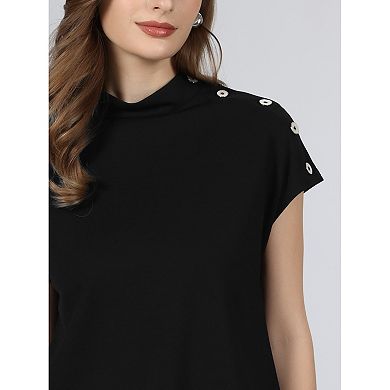 Women's Mock Neck Top Cap Sleeve Button Decor Casual Solid Pullover Blouse