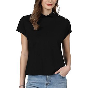Women's Mock Neck Top Cap Sleeve Button Decor Casual Solid Pullover Blouse