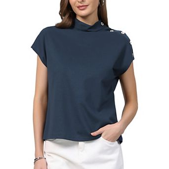 Women's Mock Neck Top Cap Sleeve Button Decor Casual Solid Pullover Blouse
