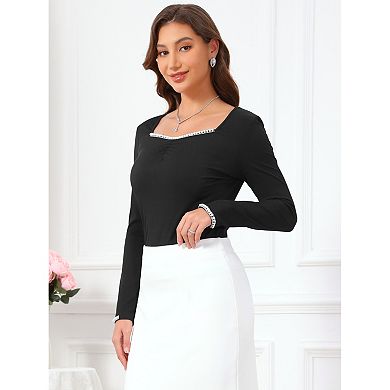 Women's Pearls Square Neck Tops Ruched Front Long Sleeve Slim Fitted Top