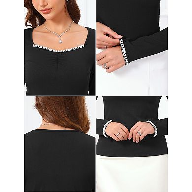 Women's Pearls Square Neck Tops Ruched Front Long Sleeve Slim Fitted Top
