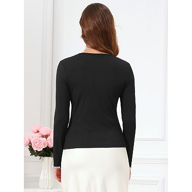 Women's Pearls Square Neck Tops Ruched Front Long Sleeve Slim Fitted Top