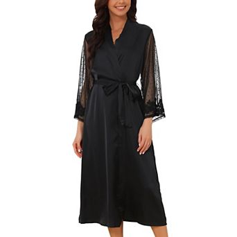 Women's Satin Robe Long Sleeve Chiffon Semi-Sheer Silky Bride Bridal Long Bathrobes with Belt