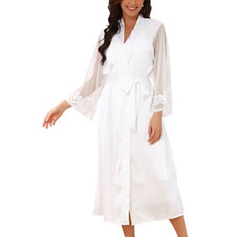 Women's Satin Robe Long Sleeve Chiffon Semi-Sheer Silky Bride Bridal Long Bathrobes with Belt