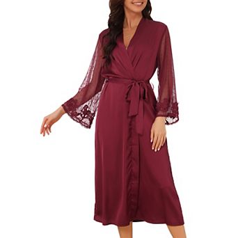 Women's Satin Robe Long Sleeve Chiffon Semi-Sheer Silky Bride Bridal Long Bathrobes with Belt