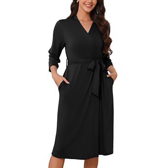 Women's Robe 3/4 Sleeve Midi Wrap Bathrobe Cover Up Bride Bridal Wedding Loungewear with Belt Pocket