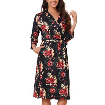 Women's Robe 3/4 Sleeve Midi Wrap Bathrobe Cover Up Bride Bridal Wedding Loungewear with Belt Pocket