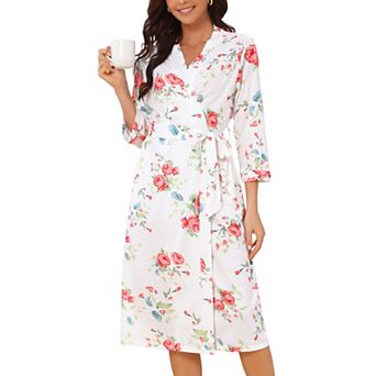 Women's Robe 3/4 Sleeve Midi Wrap Bathrobe Cover Up Bride Bridal Wedding Loungewear with Belt Pocket