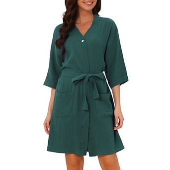 Women's Cotton Waffle 3/4 Sleeve Snap Cover Up Wearable Towels Shower Beach Midi Robe with Pockets
