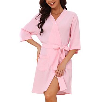 Women's Cotton Waffle 3/4 Sleeve Snap Cover Up Wearable Towels Shower Beach Midi Robe with Pockets