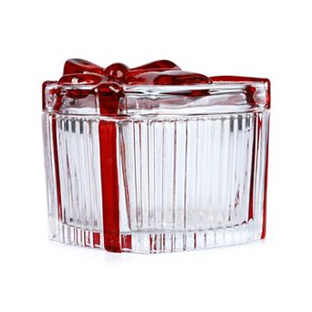 Ribbed Glass Candy Jar with Red Bow Lid Mini Box for Rings Small Sugar Bowl Heart Square
