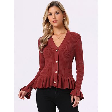 Cardigan Sweater for Women's V Neck Ruffle Hem Pleated Button Down Long Sleeve Open Front Sweaters