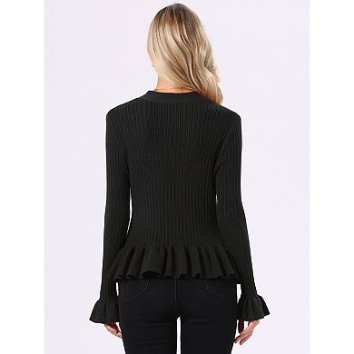Cardigan Sweater for Women's V Neck Ruffle Hem Pleated Button Down Long Sleeve Open Front Sweaters