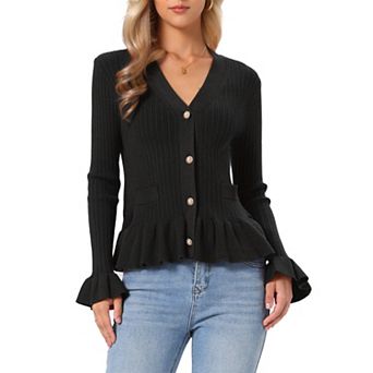 Cardigan Sweater for Women's V Neck Ruffle Hem Pleated Button Down Long Sleeve Open Front Sweaters