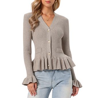 Cardigan Sweater for Women's V Neck Ruffle Hem Pleated Button Down Long Sleeve Open Front Sweaters