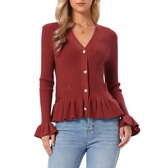 Cardigan Sweater for Women's V Neck Ruffle Hem Pleated Button Down Long Sleeve Open Front Sweaters