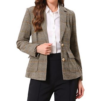 Plaid Blazer for Women Notched Lapel Single Breasted Long Sleeve Office Suit Blazers with Pockets
