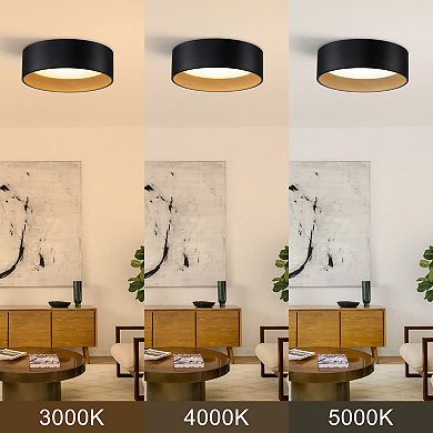C Cattleya 13-Inch Black and Woodgrain Finish 3CCT Integrated LED Flush Mount Light