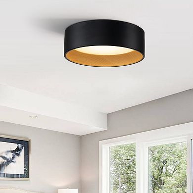 C Cattleya 13-Inch Black and Woodgrain Finish 3CCT Integrated LED Flush Mount Light