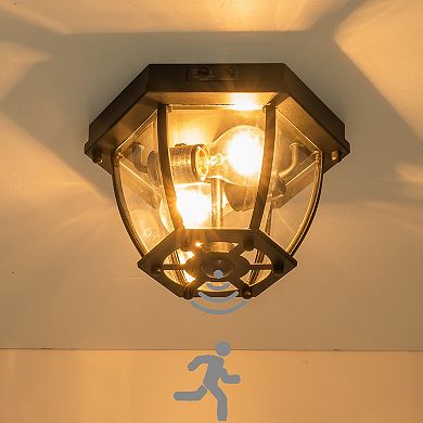 C Cattleya 10.25-Inch Matte Black Outdoor Motion Sensor Flush Mount Light with Clear Glass