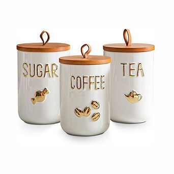 Ceramic Kitchen Canister Set 25oz 3 Pack with Wooden Airtight Lids