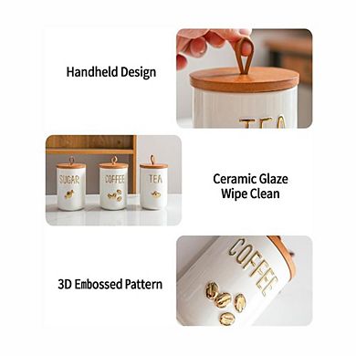 Ceramic Kitchen Canister Set 25oz 3 Pack with Wooden Airtight Lids