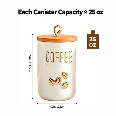 Ceramic Kitchen Canister Set 25oz 3 Pack with Wooden Airtight Lids