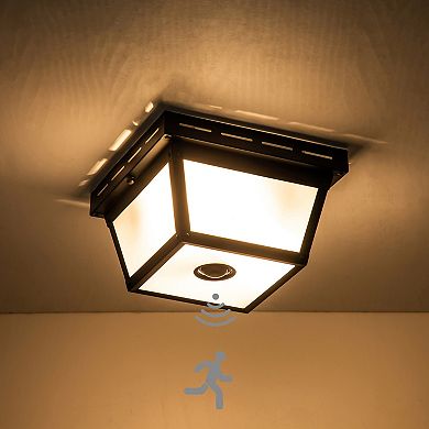 C Cattleya 9.25-Inch Black Motion Sensor Outdoor Flush Mount Light with Textured Glass