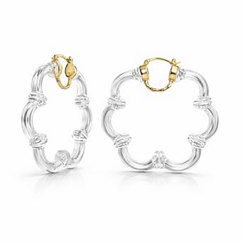14K Yellow Gold Over Sterling Silver Flower Bamboo Acrylic Hoop Earrings