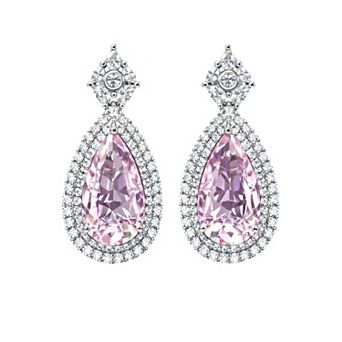 Teardrop Gemstone Double Halo Drop Earrings for Women - Luxury Crystal Dangle Jewelry