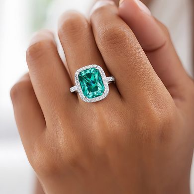 Emerald-Cut Gemstone Halo Ring - Adjustable Silver-Plated Statement Jewelry