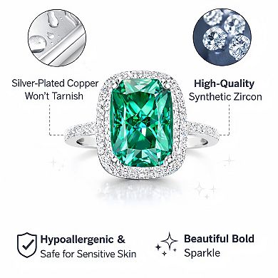Emerald-Cut Gemstone Halo Ring - Adjustable Silver-Plated Statement Jewelry