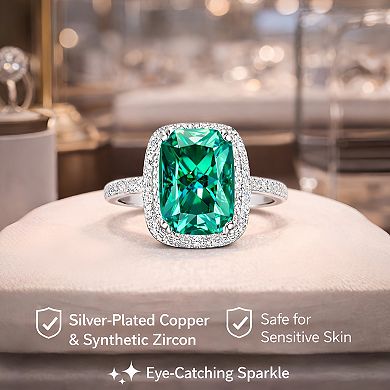 Emerald-Cut Gemstone Halo Ring - Adjustable Silver-Plated Statement Jewelry