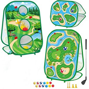 4-in-1 Sticky Golf Game Set,Golf Putting Mat,Chipping Net,Cornhole Board,Indoor Outdoor Practice Toy