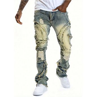 Men Distressed Flare Jeans Frayed Patch Cargo Denim Pants Hip Hop Streetwear Stacked.
