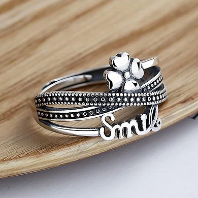 Vintage Smile & Clover Open Ring - Retro Multi-Band Statement Jewelry
