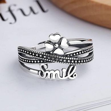 Vintage Smile & Clover Open Ring - Retro Multi-Band Statement Jewelry