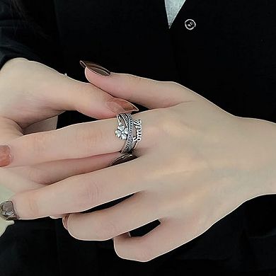 Vintage Smile & Clover Open Ring - Retro Multi-Band Statement Jewelry