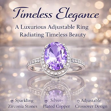 Adjustable Oval Gemstone Halo Ring - Silver-Plated Crystal Statement Jewelry