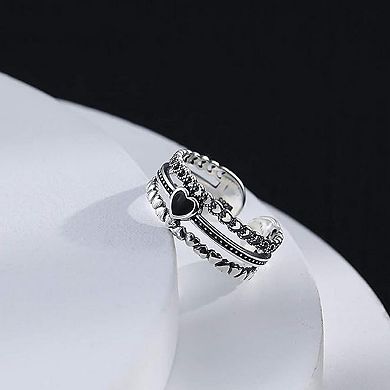 Vintage Black Heart Multi-Layer Open Ring - Retro Stackable Statement Jewelry