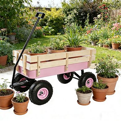 Outdoor Wagon All Terrain Pulling w/Wood Railing Air Tires Garden Cart