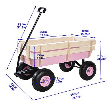 Outdoor Wagon All Terrain Pulling w/Wood Railing Air Tires Garden Cart