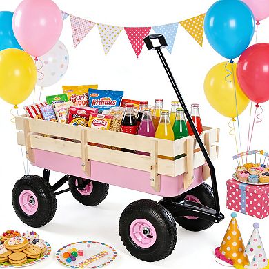 Outdoor Wagon All Terrain Pulling w/Wood Railing Air Tires Garden Cart