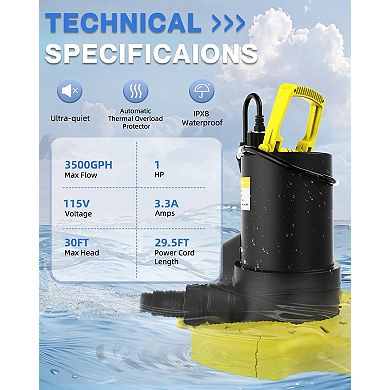 1 HP 3500 GPH Automatic Pool Cover Pump Submersible Water Pump with 33FT Cord 1 Piece