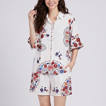 Women's 2 pc Paisley Floral Short Pajama Set with Button Top and Matching Shorts