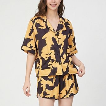 Women's 2 pc Abstract Print Short Pajama Set with Button Front Top and Matching Shorts