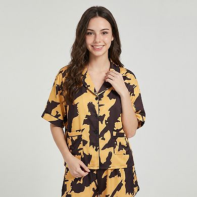 Women's 2-Piece Abstract Print Short Pajama Set with Button Front Top and Matching Shorts