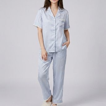 Women's 2 pc Striped Pajama Set with Short Sleeve Button Top and Wide Leg Pants