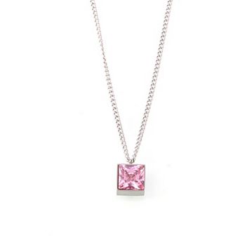 Women's Pink Zircon Square Pendant Necklace, Adjustable Chain for Daily & Party Wear